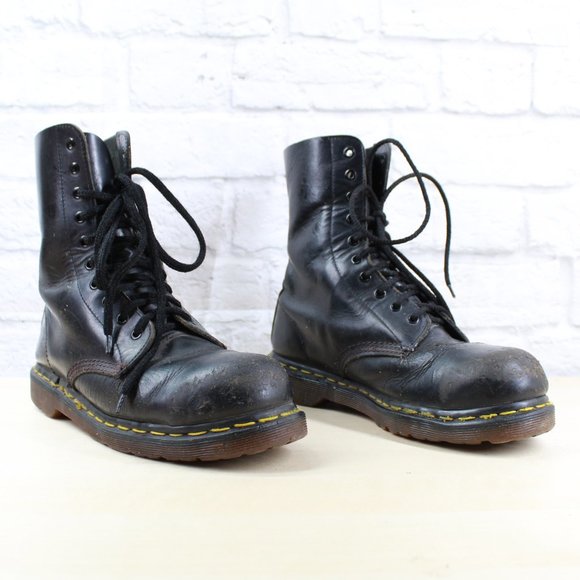 VTG! Dr. MARTENS Black Leather Lace Up Steel Toe C - Picture 3 of 8